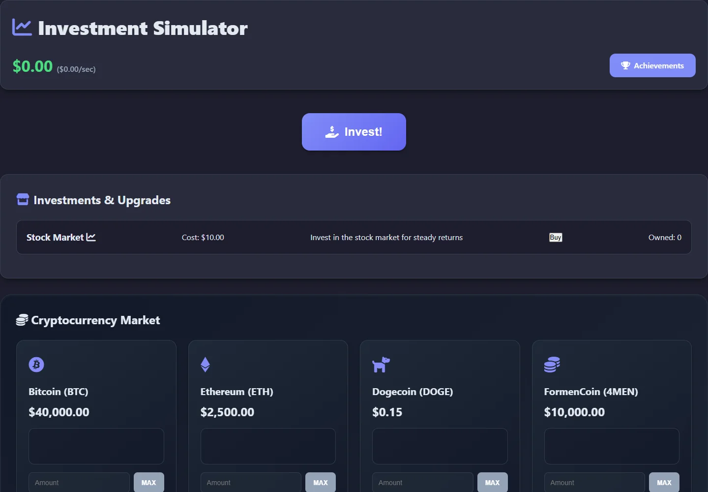 Investment Simulator showing the balance, upgrades, and virtual coin market